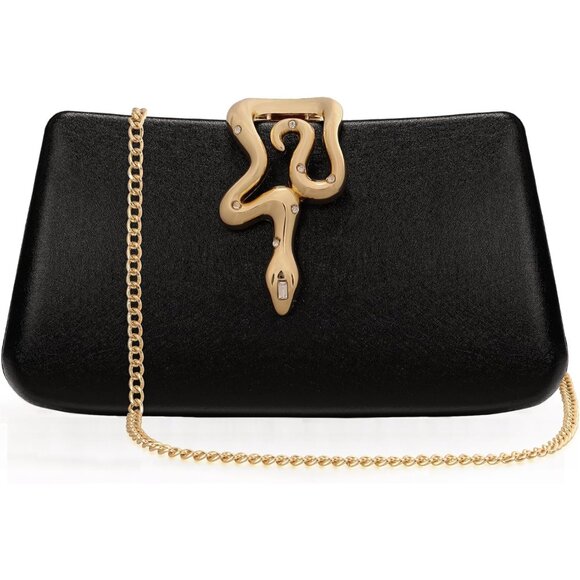 Women's Black Formal Evening Clutch Purse Synthetic Leather With Snake Clasp - Picture 1 of 8